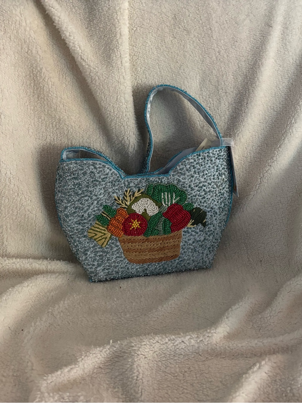 Light Blue Beaded Tote with Embroidered Floral Basket
